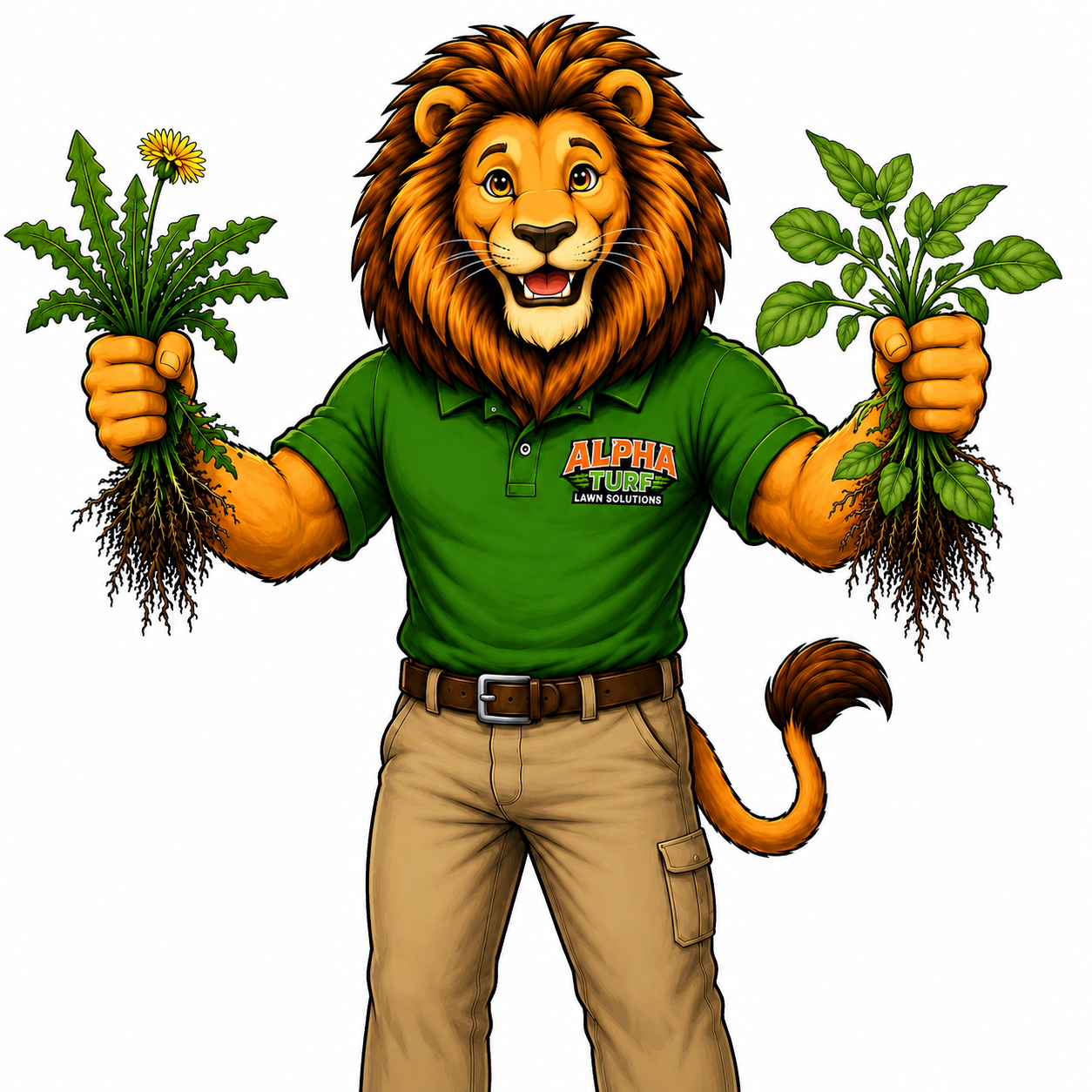 AlphaTurf Lawn Solutions lion mascot holding pulled weeds