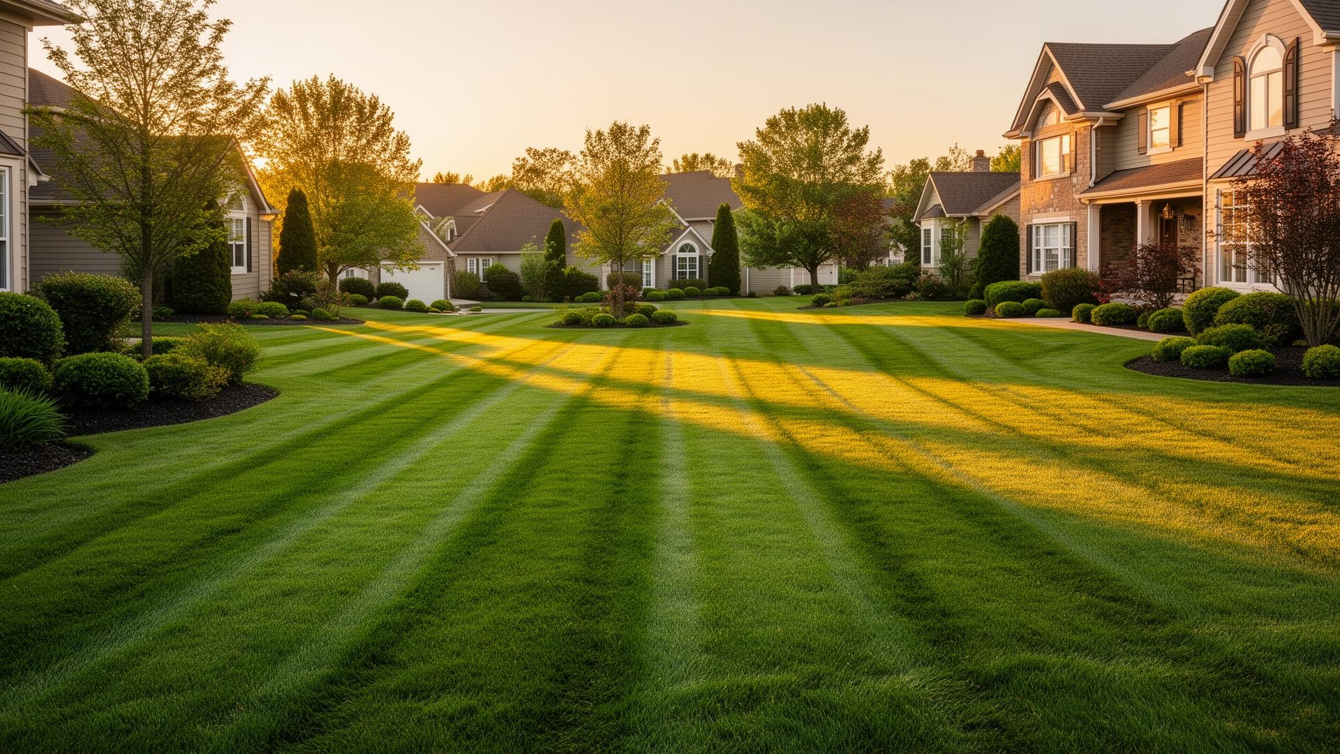 Beautifully striped residential lawn at golden hour in the Upstate of South Carolina