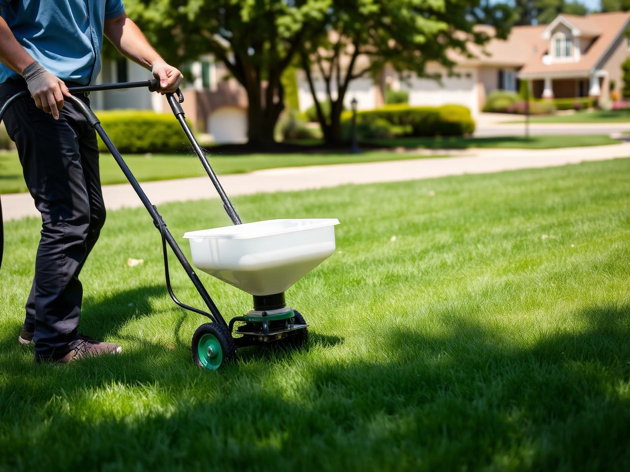 AlphaTurf technician applying fertilizer to a healthy lawn